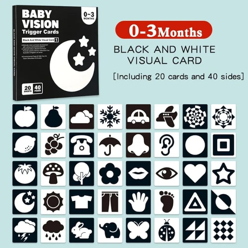 🖤🤍 Kibo Baby Vision™ – Tarjetas Montessori para Estimulación Visual 👶✨